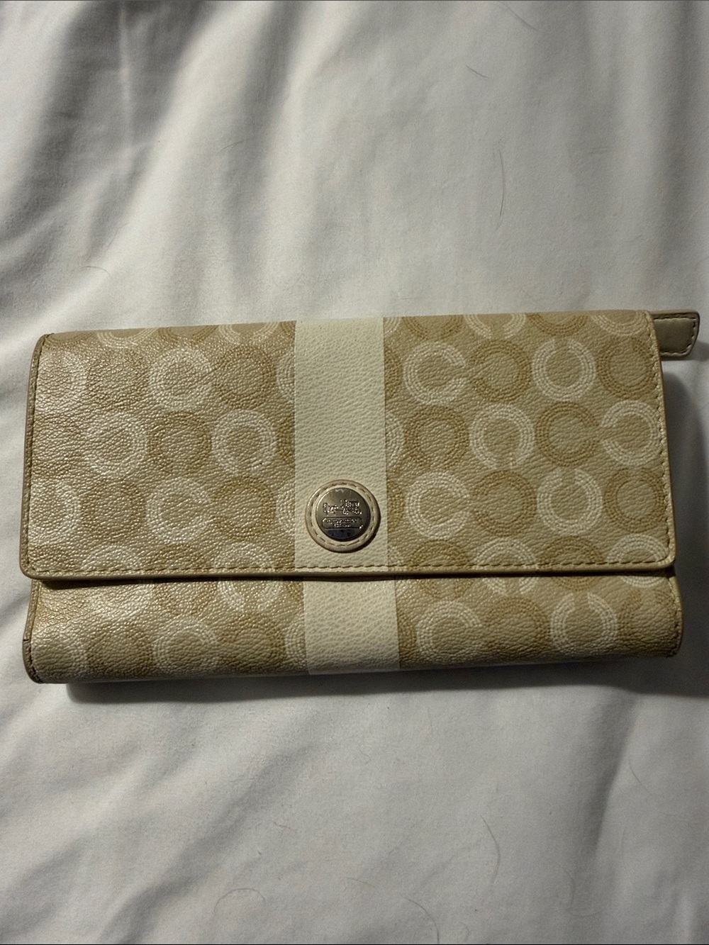 Coach Beige Signature Foldover Clutch with Cream Stripe